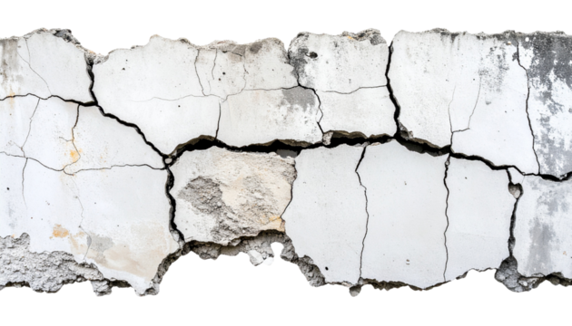 A close-up view of cracked concrete showcasing intricate textures and fissures. The uneven surface highlights the aging and wear of the material.