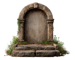 Ancient stone tombstone with arched top, weathered texture, moss, and overgrown plants, evokes mysterious and somber graveyard atmosphere, perfect for Halloween themes