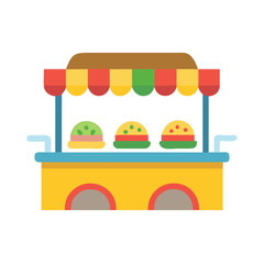 Colorful food stand with awning and burgers ready for customers to buy