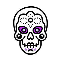 Vibrant Sugar Skull Icon with Purple Eyes, Flowers and a Frowning Mouth