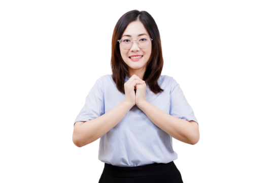 A smiling Asian young beautiful woman with glasses, clasping her hands together, exuding a friendly and approachable demeanor.