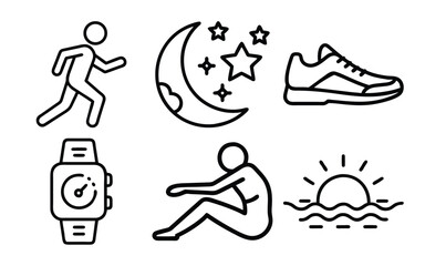A collection of simple line drawings depicting running, a moon and stars, a running shoe, a smartwatch, a person sitting, and a sunrise over water.