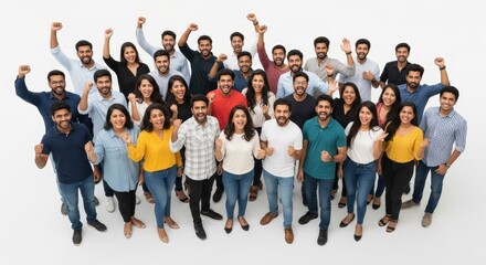 Obraz premium A group of diverse young adults cheer and raise their fists in the air on a white studio background