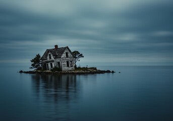 Lonely island house surrounded by still water