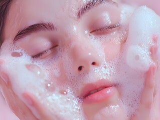 Fototapeta premium Photo of woman washing face with foamy cleanser, emphasizing skincare, self-care, and fresh, rejuvenated skin