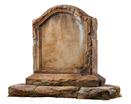 Old stone tombstone graveyard element, weathered headstone with blank surface, isolated on transparency background, historic cemetery marker, somber and peaceful mood