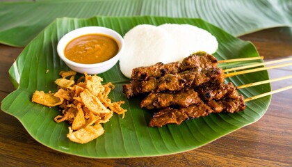 Savor delicious grilled meat skewers with peanut sauce and sticky rice, perfectly presented on a vibrant banana leaf.