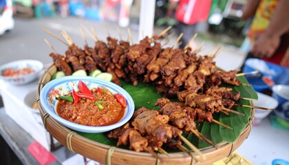 Savor delicious grilled satay skewers with spicy chili sauce, a taste of authentic street food.