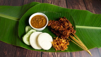 Savory grilled satay skewers with peanut sauce, cucumber, and rice cakes served on a banana leaf