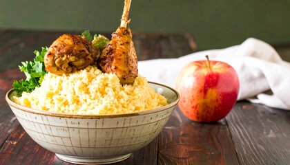 Savory roasted chicken drumsticks atop fluffy couscous with fresh parsley and a vibrant apple