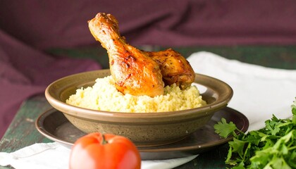 Savor delicious golden chicken legs atop fluffy couscous, a perfect meal inspiration.