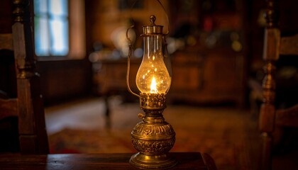 Warm glow of an antique kerosene lantern casting cozy light in a rustic, vintage room setting