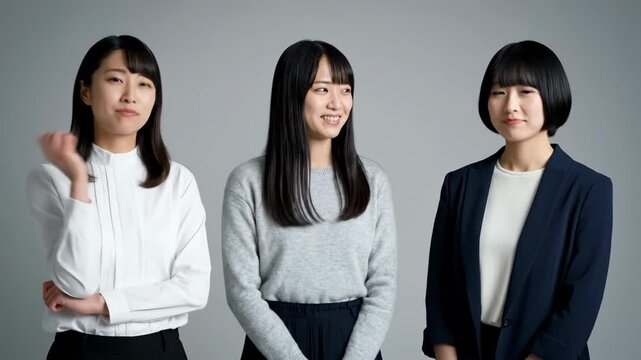 Three Asian women in business attire stand sidebyside against a plain background appearing to be in conversation