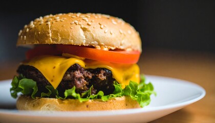 Juicy cheeseburger with fresh lettuce and tomato on sesame seed bun, perfect for food advertising