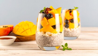 Vibrant tropical fruit parfait with mango, blueberries, and chia pudding creates a delicious healthy breakfast.