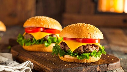 Savor juicy gourmet cheeseburgers piled high with fresh lettuce and tomato on a rustic wooden board