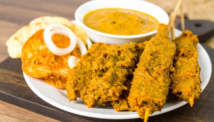 Deliciously seasoned satay skewers with savory peanut sauce and fluffy flatbread, perfect for culinary inspiration.