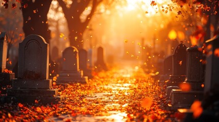Autumnal cemetery path, sunlight filtering through falling leaves