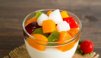 Refreshing fruit jelly parfait bursting with vibrant colors and sweet flavors, perfect for dessert or snack.