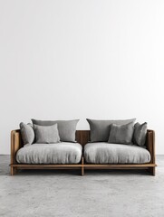white couch with a wooden frame and a gray fabric