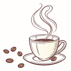 A steaming cup of coffee with coffee beans isolated on white background, a perfect way to start the morning or enjoy a relaxing break