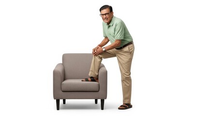 Fototapeta premium An older man in glasses and a green shirt holding his knee while standing next to a gray chair