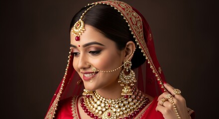 Close up of a smiling woman in traditional indian bridal attire with jewelry and red veil posing