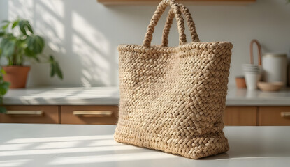 Fototapeta premium Close-up of eco-friendly woven shopping bag on a counter, showing detailed fibers, sustainable material texture, and natural handcrafted reusable tote design