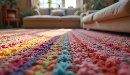 Macro detail of colorful woven rug fibers in a bohemian living room, showcasing textured threads, vibrant ethnic patterns, and cozy handmade textile detail