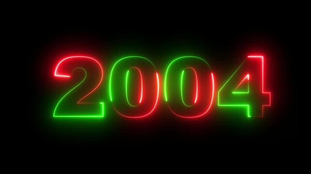 New Year 2004 animated. 2004 number neon text black background animation. Neon light countdown 2004 Sal number icon background 4K animation.