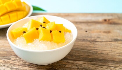 Refreshing mango sago dessert with sweet tapioca pearls and vibrant fruit cubes on rustic wood