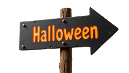 Halloween sign, wooden post, directional arrow, festive decoration, spooky theme, autumn celebration