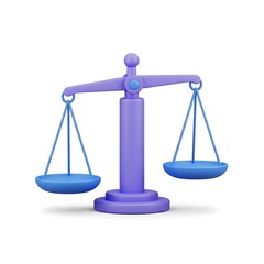 Purple balance scale symbol of justice and law, isolated on white background