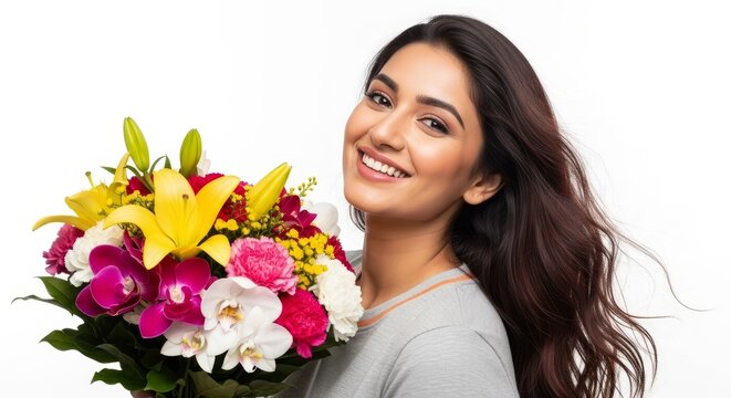 Smiling woman holding a colorful bouquet of flowers against a white background in a studio shot
