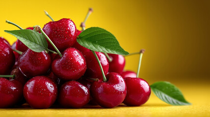 A bunch of cherries with leaves on a yellow surface