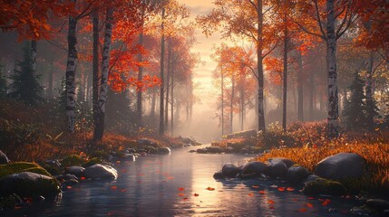Autumnal forest stream at dawn.  Tranquil, colorful scene of a stream winding through a misty forest