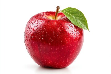 Fresh red apple with water droplets and leaf.