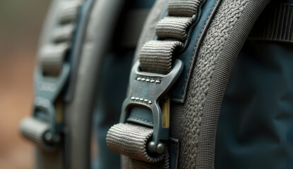 Close-up of woven travel backpack straps showing durable stitching and textured fabric, isolated on white background, strong outdoor gear detail