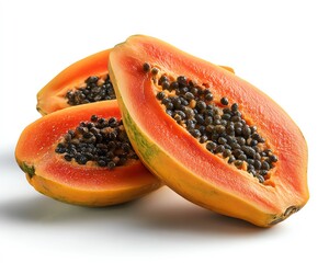 Fresh sliced papaya with seeds and vibrant color.