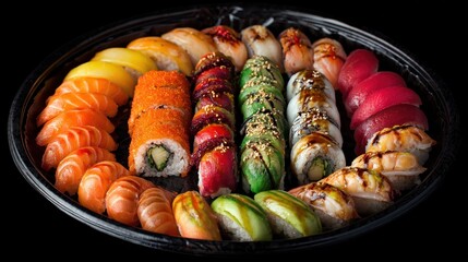 fresh assorted colorfull sushi plate over black no logos no brands ar 169