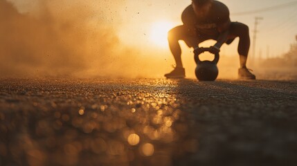 Sports training: athlete lifting kettlebell at sunset with dusty background