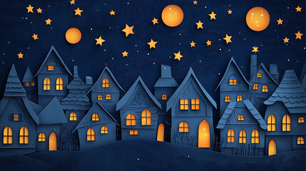 Fototapeta premium Whimsical Nightscape Cozy Village Under a Starry Sky Illustration