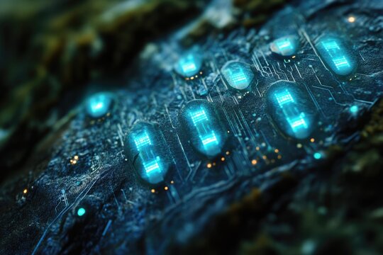 Glowing teal circuitry embedded in a dark, rough, organic surface, resembling futuristic technology integrated with nature.