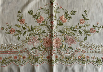 Embroidered floral design on white fabric featuring pink flowers, green leaves, and decorative stitching.