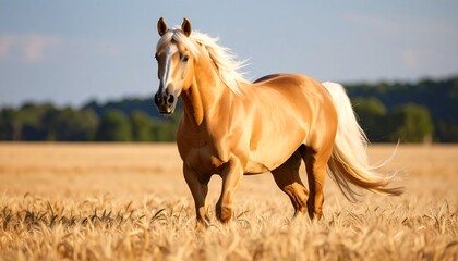 Fototapeta premium Golden Palomino Horse Running Freely in a Wheat Field on a Summer Day