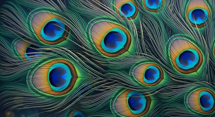 Obraz premium Close up of intricate peacock feathers with emerald, sapphire, and gold tones, shimmering iridescence, and delicate eye patterns in a dreamy, luxurious style.