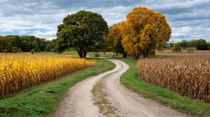 Rural farm road with golden cornfields autumn trees cloudy sky winding path countryside landscape peaceful harvest season green grass tranquil scenic view