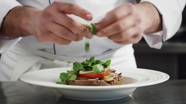 Chef Garnishing Gourmet Steak Tartare with Fresh Herbs