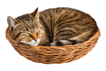 A cat is sleeping in a basket. The basket is made of woven material and is brown in color. The cat is curled up and he is very relaxed