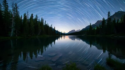 Star trails over calm mountain lake at night with reflections and clear sky - Powered by Adobe